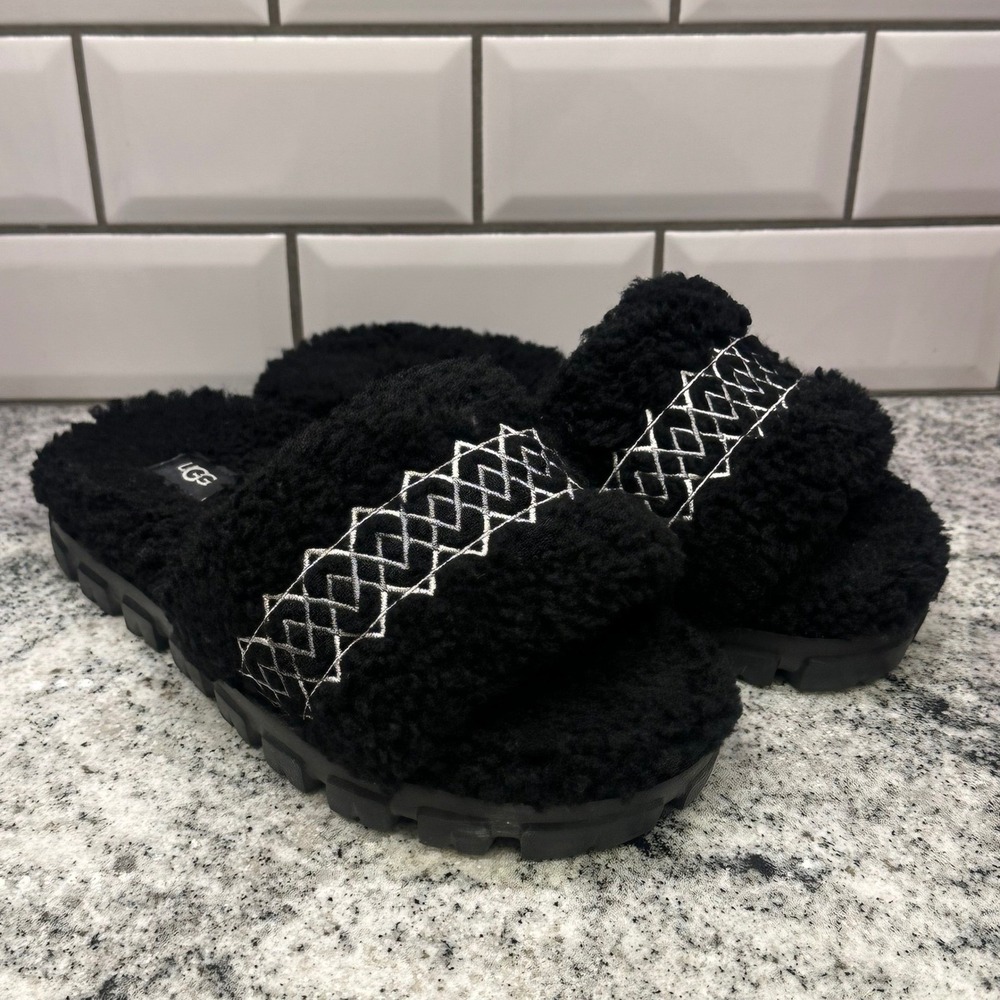 UGG Womens 8 Cozetta UGG Braid Slipper Slides Black Faux Shearling 1143974 Cozy